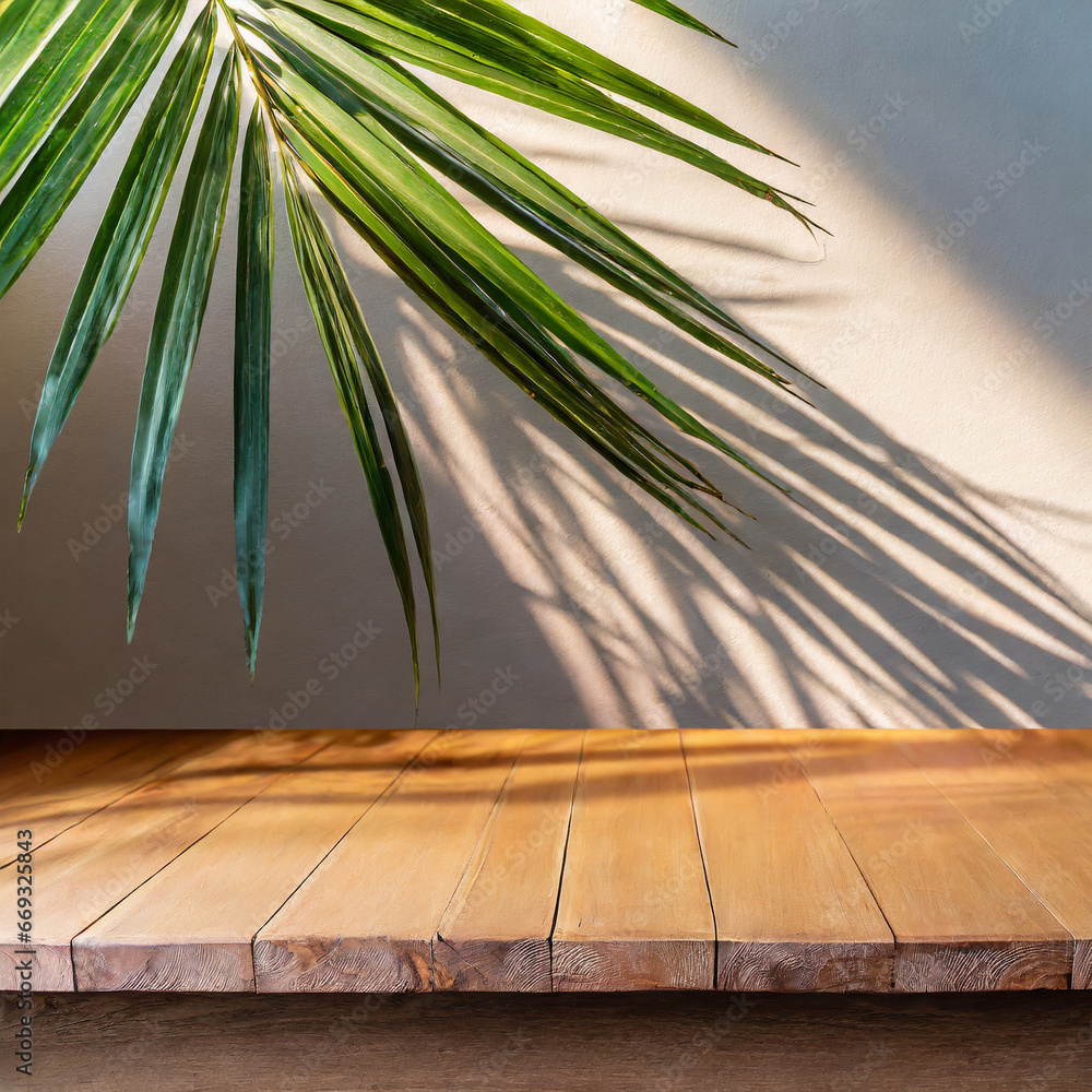 Poster selective focus.wood table or product display platform design with shadow palm leaf on wall backgrou