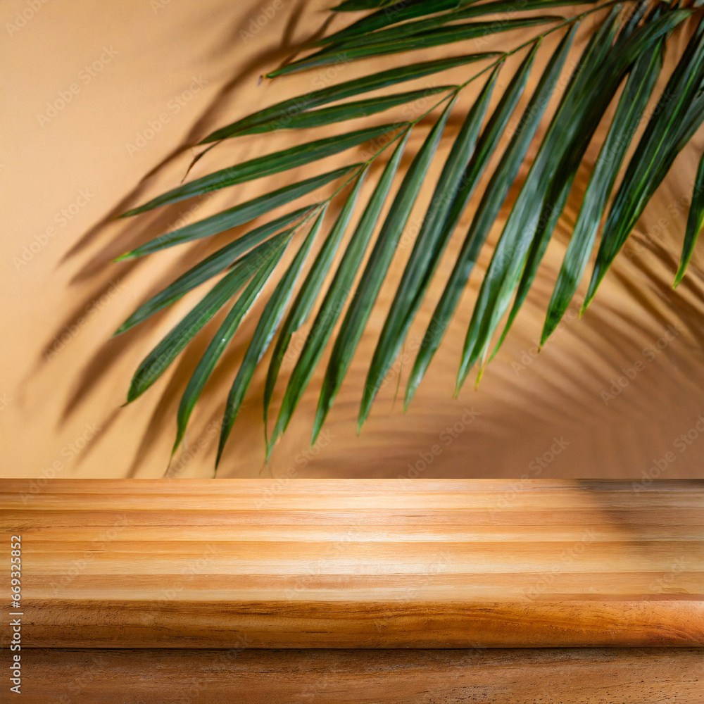 Poster selective focus.wood table or product display platform design with shadow palm leaf on wall backgrou