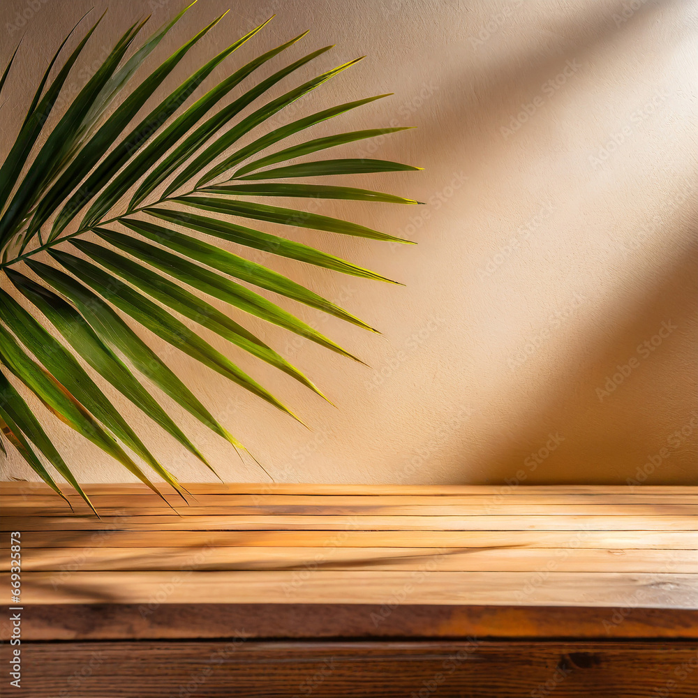 Poster selective focus.wood table or product display platform design with shadow palm leaf on wall backgrou