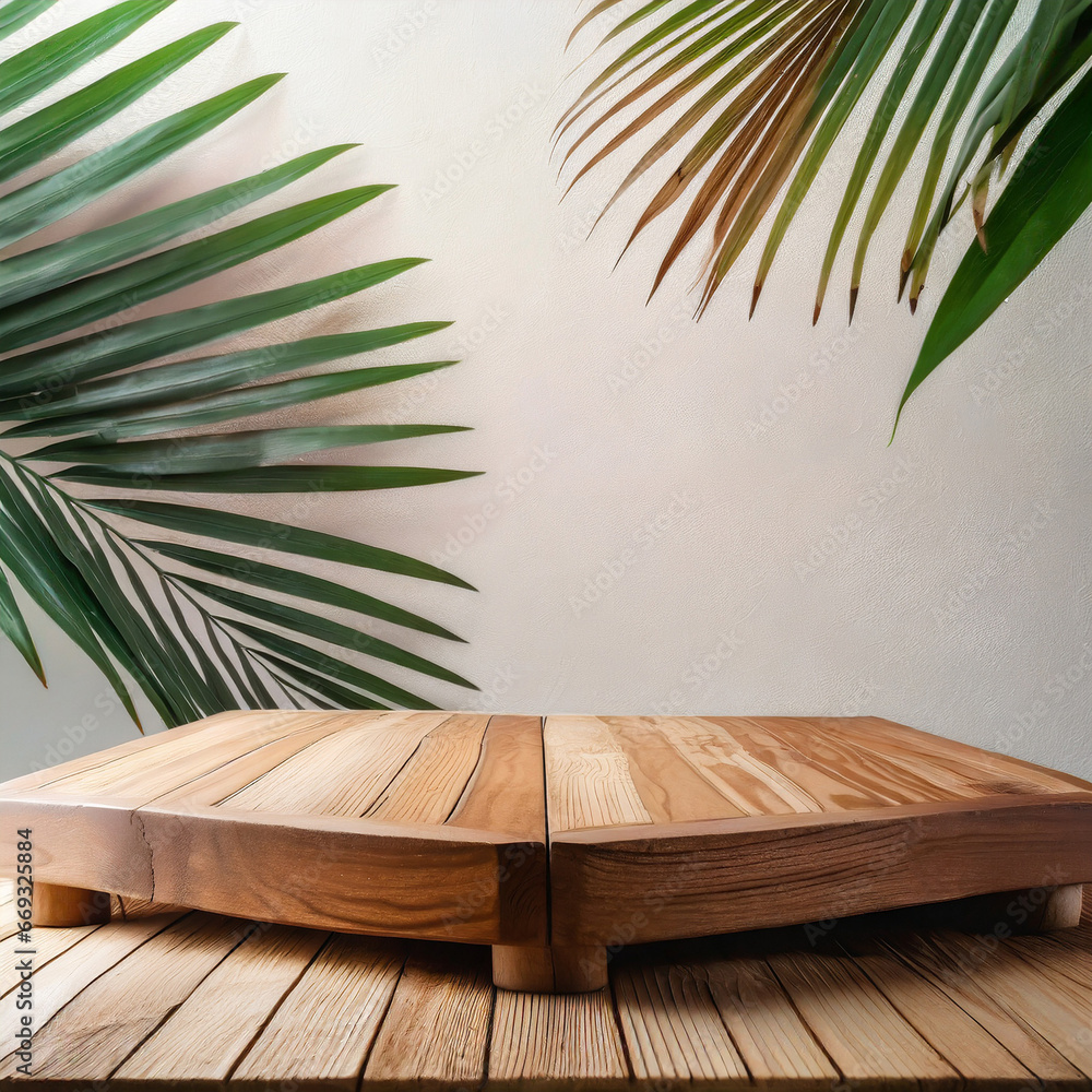 Aufkleber selective focus.wood table or product display platform design with shadow palm leaf on wall backgrou