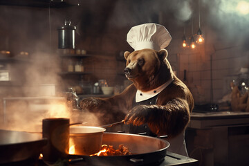 Bear chef's in uniform cook a food at restaurant's kitchen. - obrazy, fototapety, plakaty