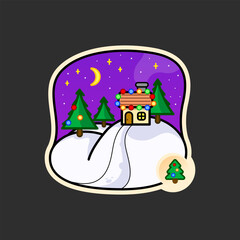 Winter landscape, Christmas night. Snowdrifts in the distance, a house with bright lights and green spruce trees under the stars. Sticker in cartoon style. Vector illustration.