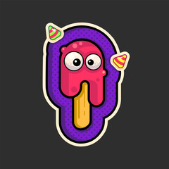 Red ice cream with eyes on a stick with caramels on a purple background. Sticker in cartoon style. Cute character. Vector illustration.