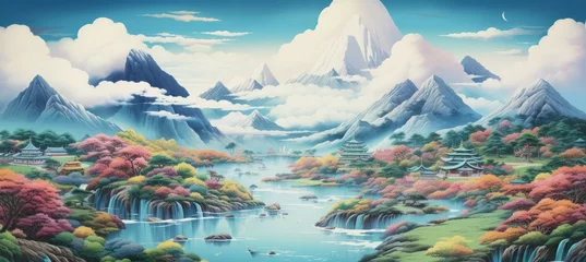 Zelfklevend Fotobehang Nature panoramic landscape. Traditional oriental painting style background. Generative AI technology.   © Hero Design
