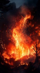 A large fire blazing in the middle of a forest