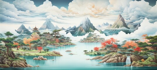 Japanese nature landscape on spring season. Traditional oriental painting style background. Generative AI technology.  