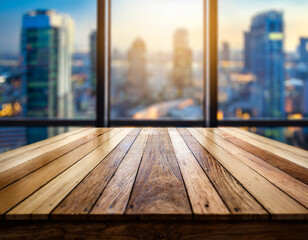 Selective focus.Top of end grain wood table with blur window glass building background.