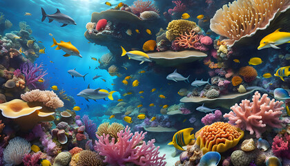 Naklejka na ściany i meble tropical coral reefs, deep sea wallpaper with colorful shells, fish, dolphins, octopuses in the depths of the bay