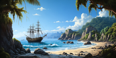 Pirate ship offshore in a tropical bay, landscape, wide banner, copyspace - obrazy, fototapety, plakaty