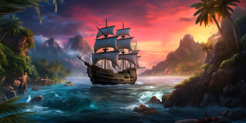 Pirate ship in a tropical cove or bay at sunset, landscape, wide banner, copyspace - obrazy, fototapety, plakaty