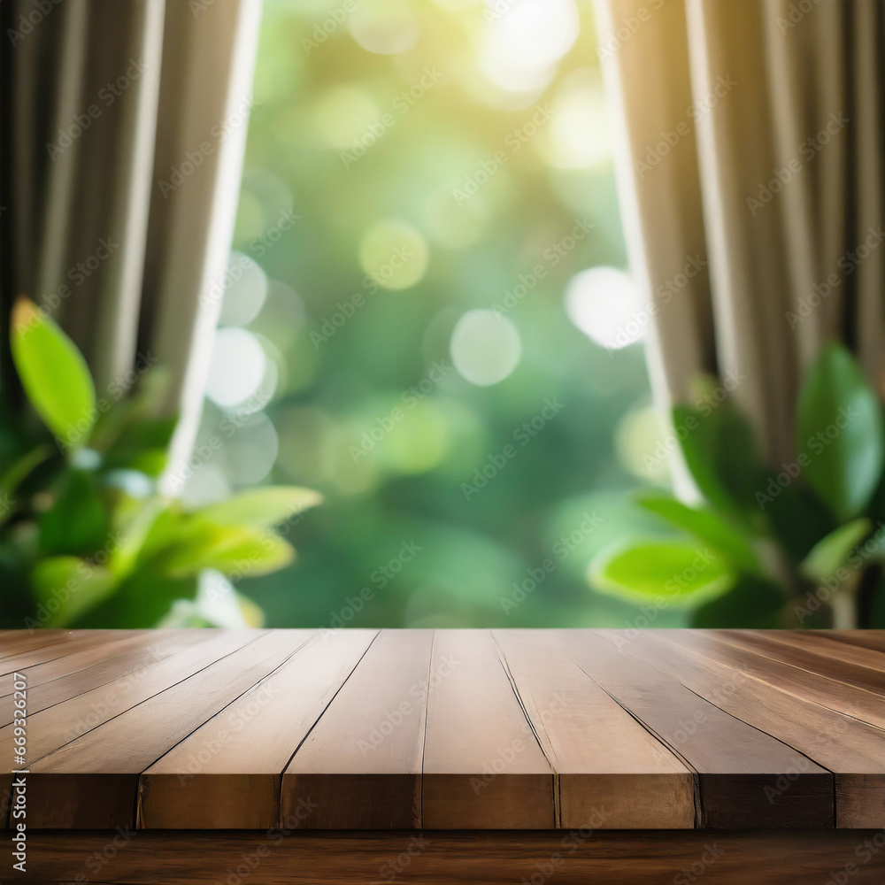 Poster selective focus.empty of wood table top on blur of curtain window and abstract green from garden wit