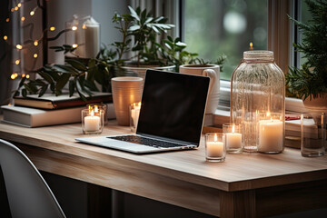 a laptop on a table with candles and plants in the window sis behind it is a glass vase filled with flowers
