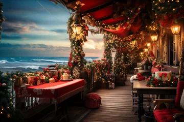 Fototapete Christmas decor on board old wooden sailing ship deck, lights and garlands decorations, pirate, winter holiday season © Sunshower Shots