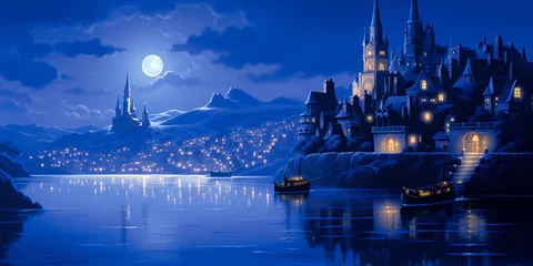 Foto op Canvas Blue fantasy seaside town at night with full moon and boats, landscape paniting, wide banner © Sunshower Shots