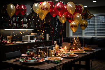 a table set for a birthday party with balloons, candles and cakes on the table in front of it - obrazy, fototapety, plakaty