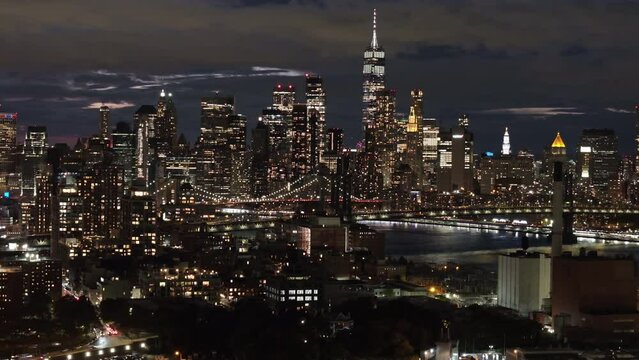 Aerial view of The New York City skyline after dark