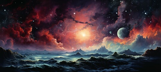 Fototapeta premium Planet landscape. Drawing illustration design. Generative AI technology. 