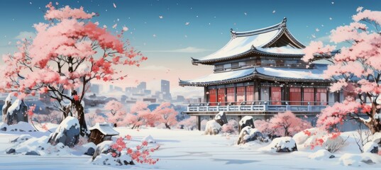 Obraz premium Japanese traditional house at winter. Drawing illustration design. Generative AI technology.