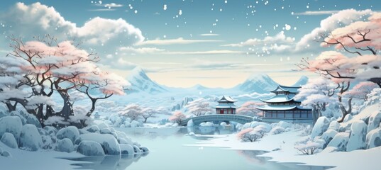 Japanese winter landscape. Oriental drawing illustration design. Generative AI technology.