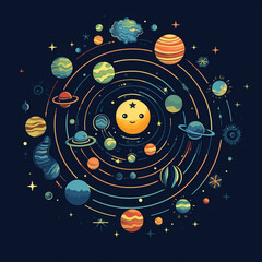 Solar System Planets Space Icons on Solid Background