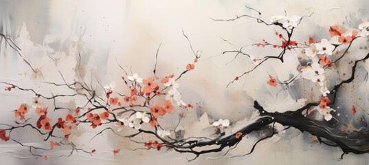 Japanese cherry blossoms flower. Traditional oriental painting style background. Generative AI technology.
