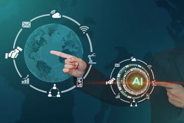 AI artificial intelligence robot artificial intelligence working on digital display Social media icons Influencer for innovation and futuristic technology concept..
