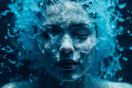 An abstract photo depicts the concept of a woman's mental struggle, symbolized by a head covered in icy blue snow. With her eyes closed, she appears to be crying, surrounded by a dark, melancholic rai