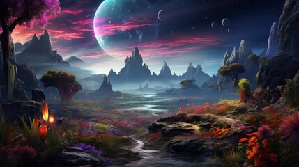 A painting of a fantasy landscape with a river running through it