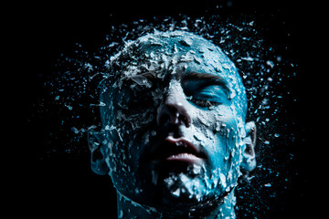 An abstract photo depicts the concept of a man's mental struggle, symbolized by a head covered in icy blue snow. This image conveys the sadness, loneliness and helplessness 