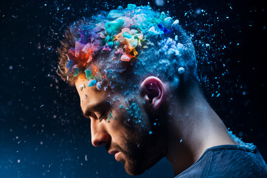 An abstract photo depicts the concept of a man's mental struggle, symbolized by a head covered in icy blue snow. This image conveys the sadness, loneliness and helplessness 