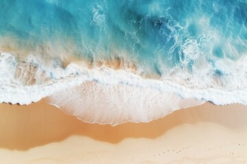aerial photo of beautiful summer sandy beach and blue ocean with copy space, top view from drone. Summer seascape beautiful waves. blue sea water in sunny day. Sea aerial view. Generative AI - obrazy, fototapety, plakaty
