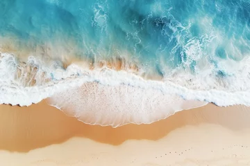 Fototapeten aerial photo of beautiful summer sandy beach and blue ocean with copy space, top view from drone. Summer seascape beautiful waves. blue sea water in sunny day. Sea aerial view. Generative AI © Breyenaiimages