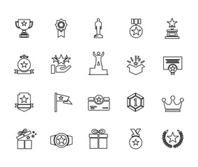 Vector set of reward flat icons. Contains icons prize, trophy, winner, gift, loyalty program, bonus card and more. Pixel perfect. stock illustration