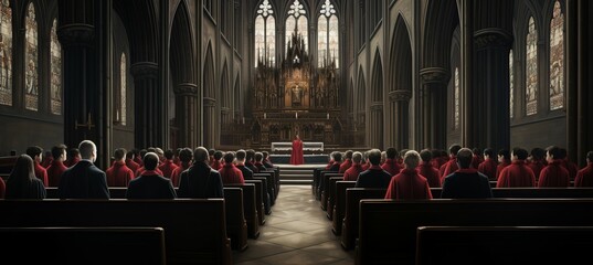 Red dress evil satanic cult ceremony at cathedral. Generative AI technology. - obrazy, fototapety, plakaty
