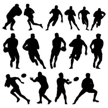 High details silhouette of rugby collection. Minimal symbol and logo of sport. Fit for element design, background, banner, backdrop, cover, logotype. Isolated on white background. Vector Eps 10.