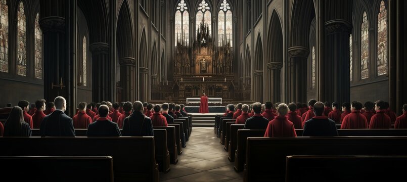Red dress evil satanic cult ceremony at cathedral. Generative AI technology.