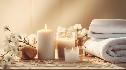 Naklejka na ściany i meble Beautiful spa treatment composition such as Towels, candles, essential oils, Massage Stones on light wooden background. blur living room, natural creams and moisturizing Healthy lifestyle, body care