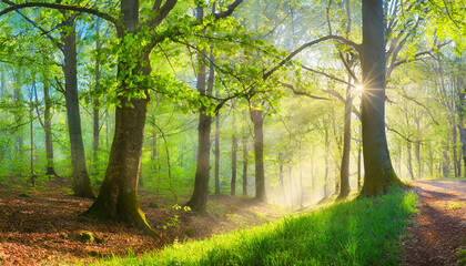 Fototapeta na wymiar Panorama of Sunny Natural Oak and Beech Forest in spring with first green leaves and morning mist