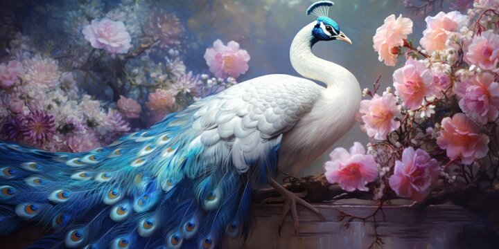 painting of beautiful white peacock with blossom, generative AI