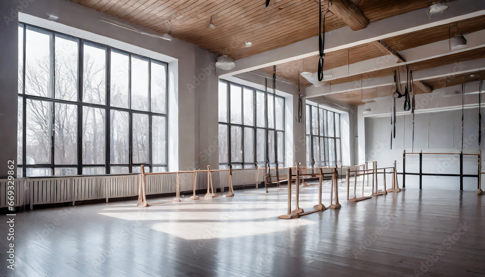 Poster panoramic empty gym with windows for ballet classes.