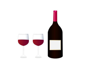 赤ワインボトルとワイングラス2個