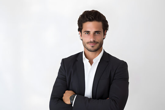  Young Italian businessman with arms crossed, dark grey business jacket & white shirt, looking smart & professional, standing against a white background