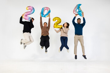 global, teamwork, happy new year, friend, new year's card 2024, society, multinational, business, start, white background, asian, african, happy, group, friends, holding, number, 2024, celebration, jo