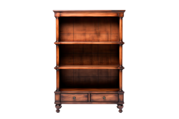 Luxury wooden bookcase 3 tier with drawers on transparent background