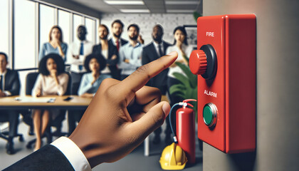 Fire drill. A dark-skinned hand pressing a red fire alarm button, with office workers, safety equipment and  fire extinguisher in background - obrazy, fototapety, plakaty