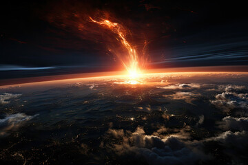 the earth from space, with an explosion in the sky and some clouds surrounding it is lit by bright orange light - Powered by Adobe