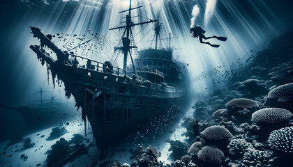 Diver in scuba gear, exploring the majestic remnants of a sunken shipwreck - obrazy, fototapety, plakaty