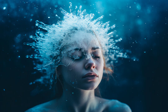An abstract photo depicts the concept of a woman's mental struggle, symbolized by a head covered in icy blue snow. With her eyes closed, she appears to be crying, surrounded by a dark, melancholic rai