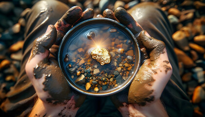 Glimmering gold nugget in bowl held by muddy hands of prospector - obrazy, fototapety, plakaty