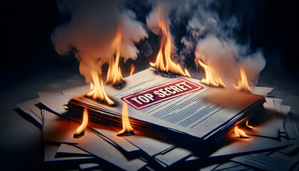 Close-up of top secret documents being burnt by fire, ensuring confidentiality - obrazy, fototapety, plakaty
